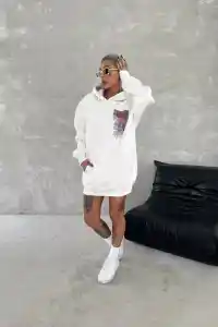 Kadın Kapüşonlu Kanguru Cepli Sweatshirt 3 İplik Pamuklu Baskılı Hoodie - Beyaz