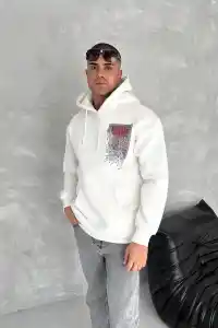Erkek Kapüşonlu Kanguru Cepli Sweatshirt 3 İplik Pamuklu Baskılı Hoodie - Beyaz