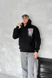 Erkek Kapüşonlu Kanguru Cepli Sweatshirt 3 İplik Pamuklu Baskılı Hoodie - Siyah