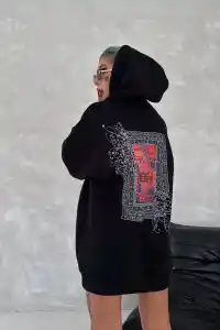 Kadın Kapüşonlu Kanguru Cepli Sweatshirt 3 İplik Pamuklu Baskılı Hoodie - Siyah