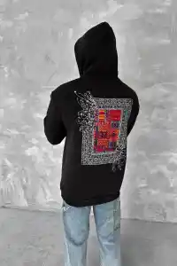 Erkek Kapüşonlu Kanguru Cepli Sweatshirt 3 İplik Pamuklu Baskılı Hoodie - Siyah