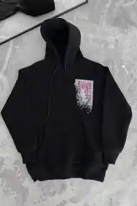 Erkek Kapüşonlu Kanguru Cepli Sweatshirt 3 İplik Pamuklu Baskılı Hoodie - Siyah