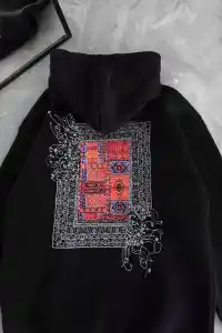 Erkek Kapüşonlu Kanguru Cepli Sweatshirt 3 İplik Pamuklu Baskılı Hoodie - Siyah