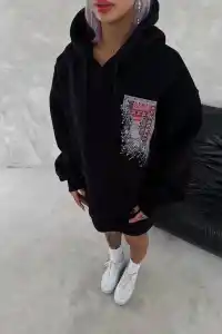 Kadın Kapüşonlu Kanguru Cepli Sweatshirt 3 İplik Pamuklu Baskılı Hoodie - Siyah