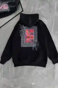 Erkek Kapüşonlu Kanguru Cepli Sweatshirt 3 İplik Pamuklu Baskılı Hoodie - Siyah