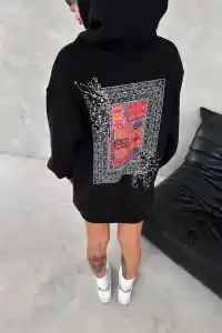 Kadın Kapüşonlu Kanguru Cepli Sweatshirt 3 İplik Pamuklu Baskılı Hoodie - Siyah