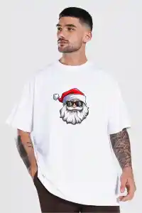 Yılbaşı Gözlüklü Noel Baba Baskılı Kısa Kollu Oversize Bisiklet Yaka T-shirt - Beyaz