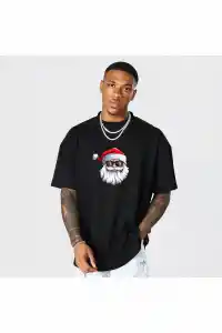 Yılbaşı Gözlüklü Noel Baba Baskılı Kısa Kollu Oversize Bisiklet Yaka T-shirt - Siyah