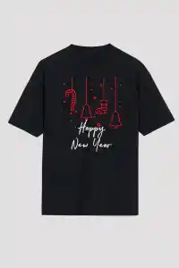Yılbaşı Happy New Year Baskılı Kısa Kollu Oversize Bisiklet Yaka T-shirt - Siyah