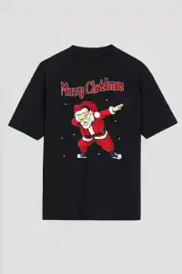 Yılbaşı Merry Christmas Noel Baba Baskılı Oversize Bisiklet Yaka T-shirt - Siyah