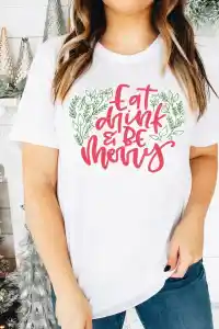 Yılbaşı Noel Baskılı Kısa Kollu Oversize Bisiklet Yaka T-shirt - Beyaz