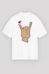 Yılbaşı Noel Başlıklı Serçe Parmak Baskılı Oversize Bisiklet Yaka T-shirt - Beyaz