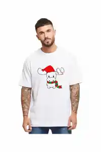 Yılbaşı Noel Ren Geyiği Baskılı Kısa Kollu Oversize Bisiklet Yaka T-shirt - Beyaz