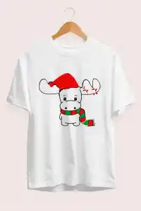 Yılbaşı Noel Ren Geyiği Baskılı Kısa Kollu Oversize Bisiklet Yaka T-shirt - Beyaz