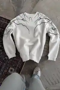Kadın 3 iplik pamuklu Yıldırım Baskılı Bisiklet Yaka SweatShirt - Beyaz