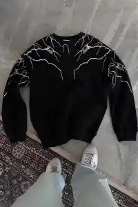 Erkek 3 iplik pamuklu Yıldırım Baskılı Bisiklet Yaka SweatShirt - Siyah