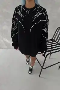 Kadın Yıldırım Baskılı Bisiklet Yaka 3 iplik pamuklu SweatShirt - Siyah