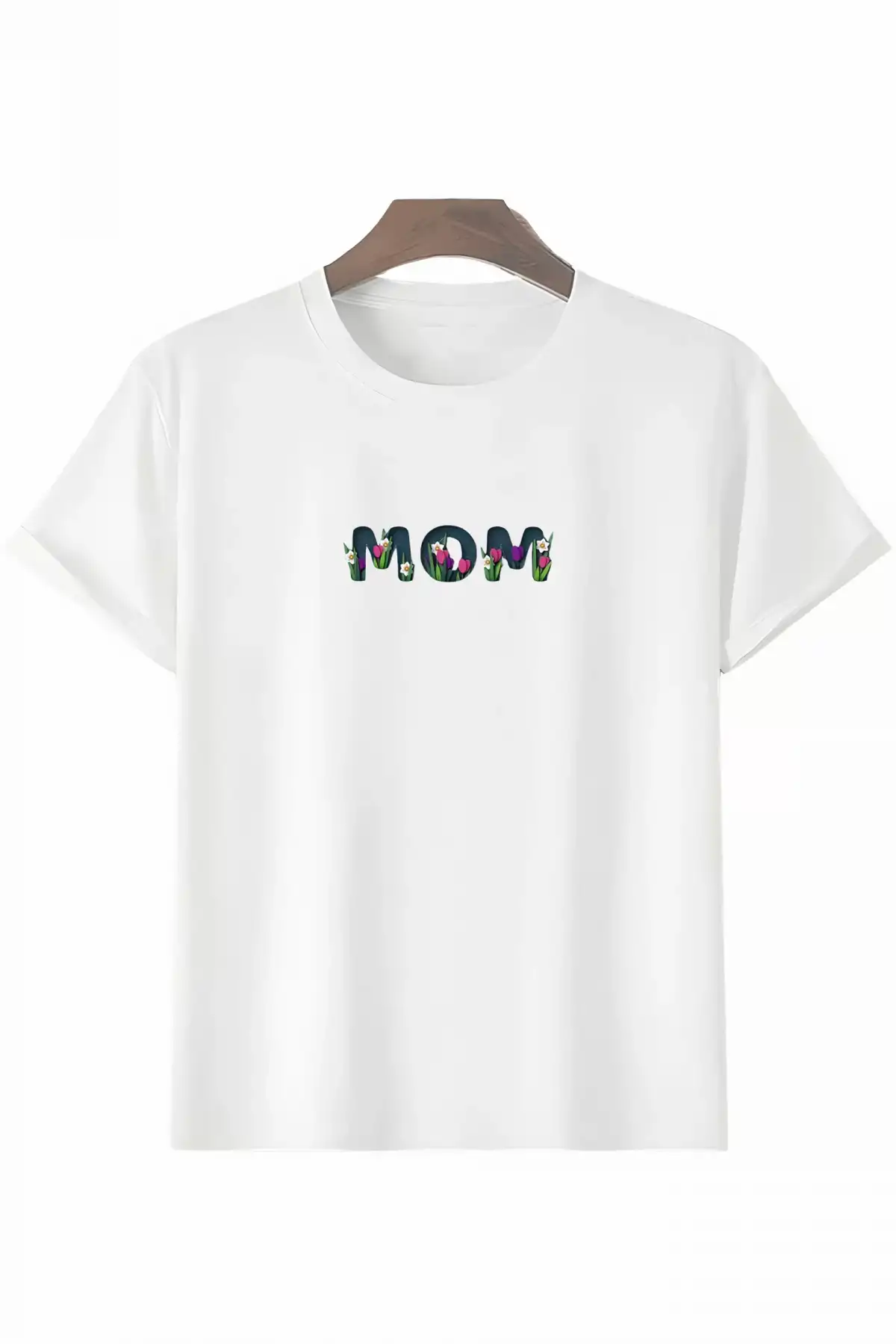 Anneler Gününe Özel Tasarım mom Çiçek Baskılı T-shirt - Beyaz