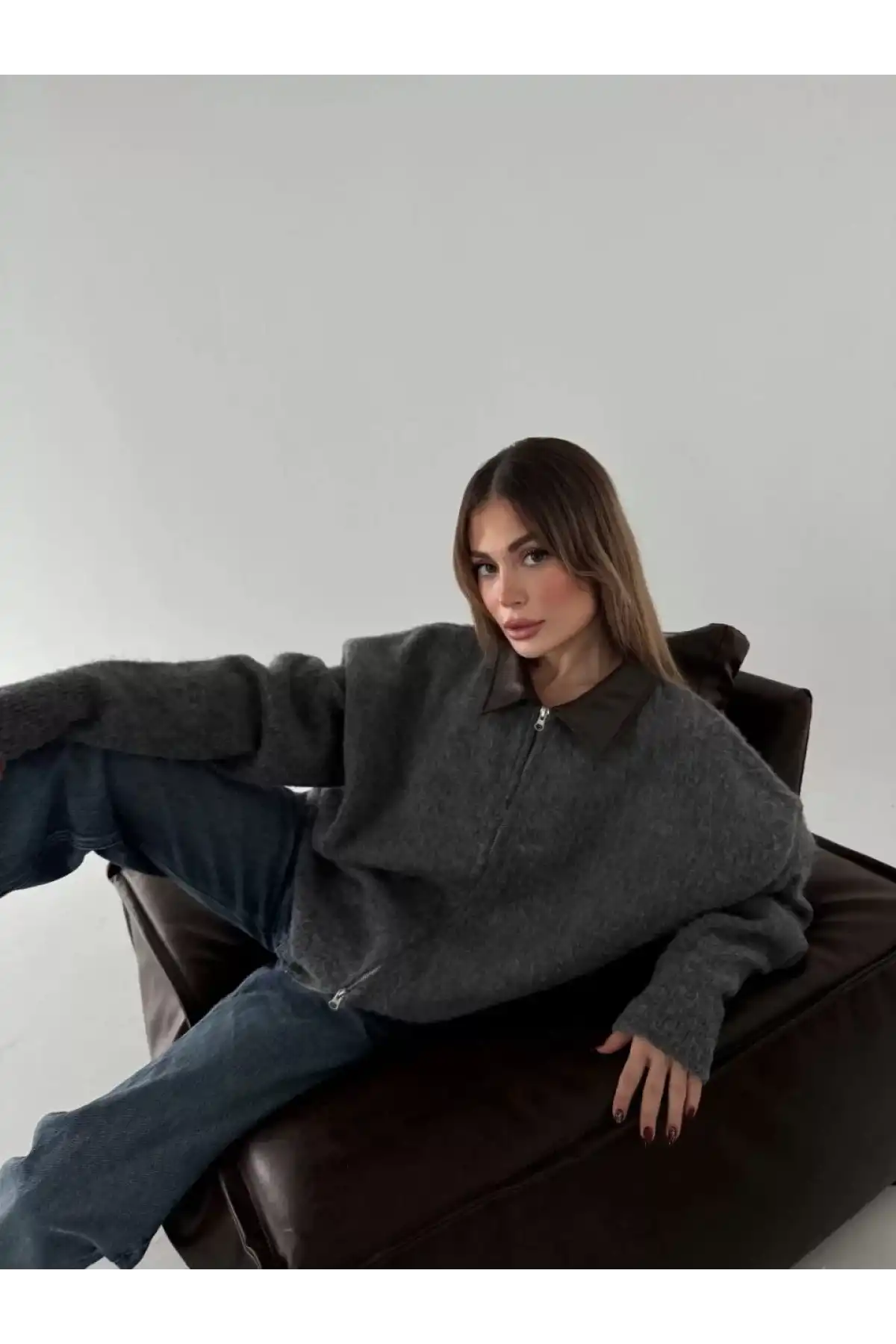 Deri Yakalı Pamuk dokulu Çift Taraflı Çalışan Fermuar Ceket - Füme