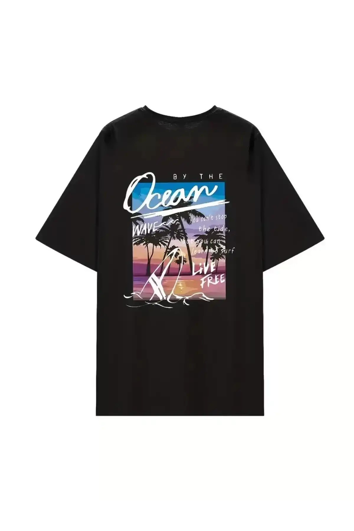 Kadınlar İçin Geniş Kesim Tişört - Kısa Kollu, Bol Kesim, Manzaralı Okyanus Baskı, Günlük Yazlık Üst, Siyah- Siyah