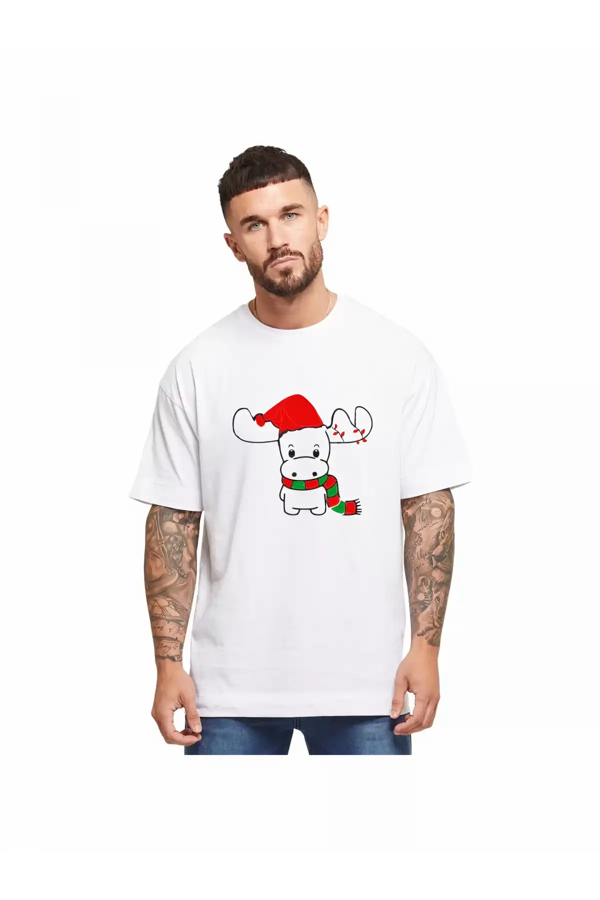 Ren Geyiği baskılı Noel İçin T-shirt - Beyaz