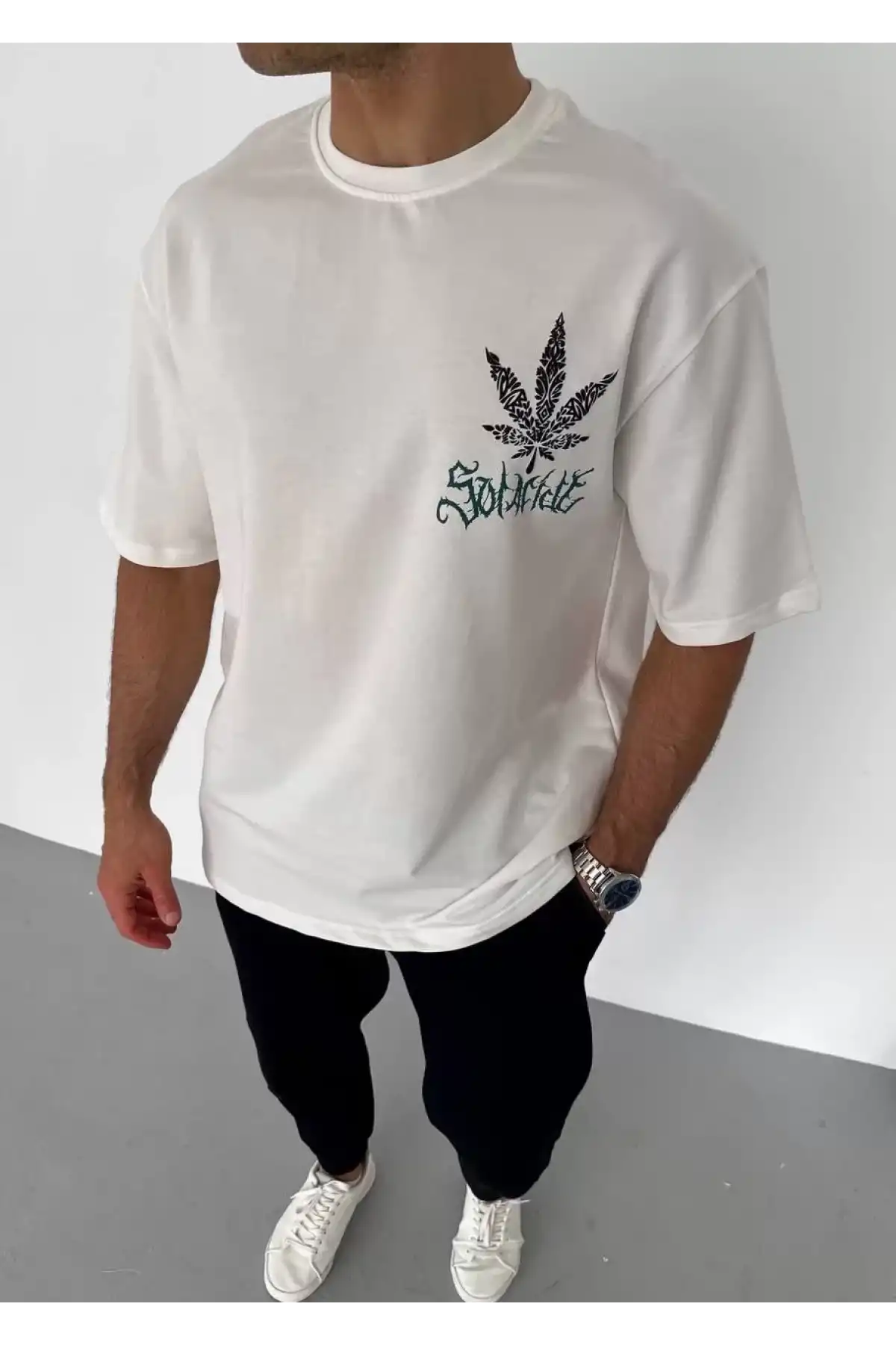 Unisex Bisiklet Yaka Baskılı Oversize T-Shirt - Beyaz