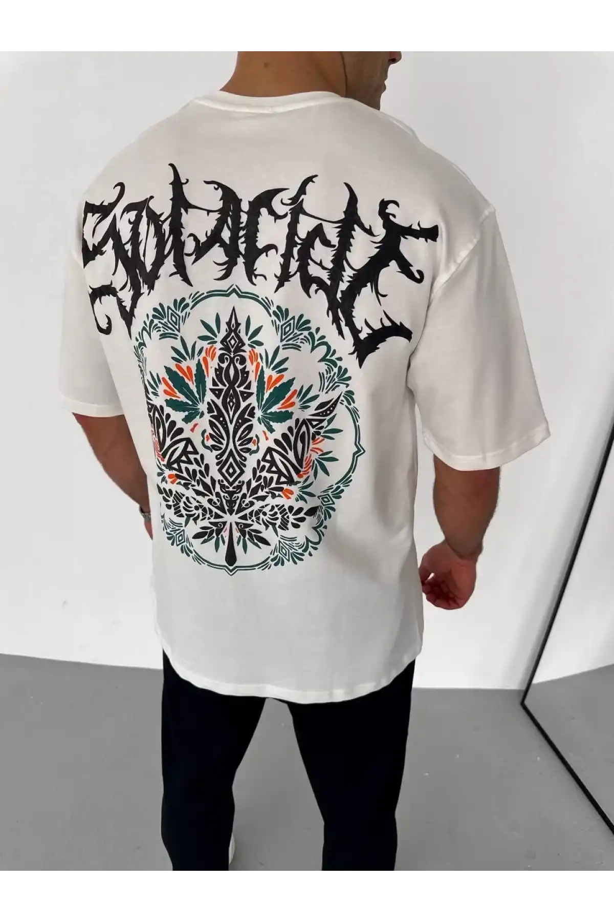 Unisex Bisiklet Yaka Baskılı Oversize T-Shirt - Beyaz