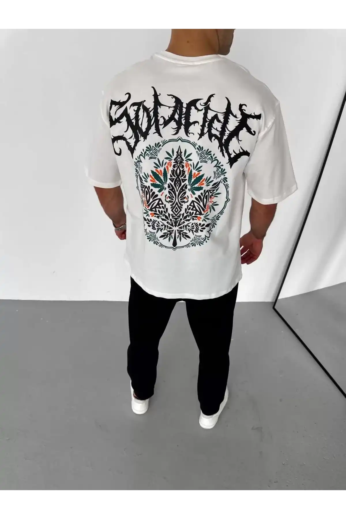 Unisex Bisiklet Yaka Baskılı Oversize T-Shirt - Beyaz