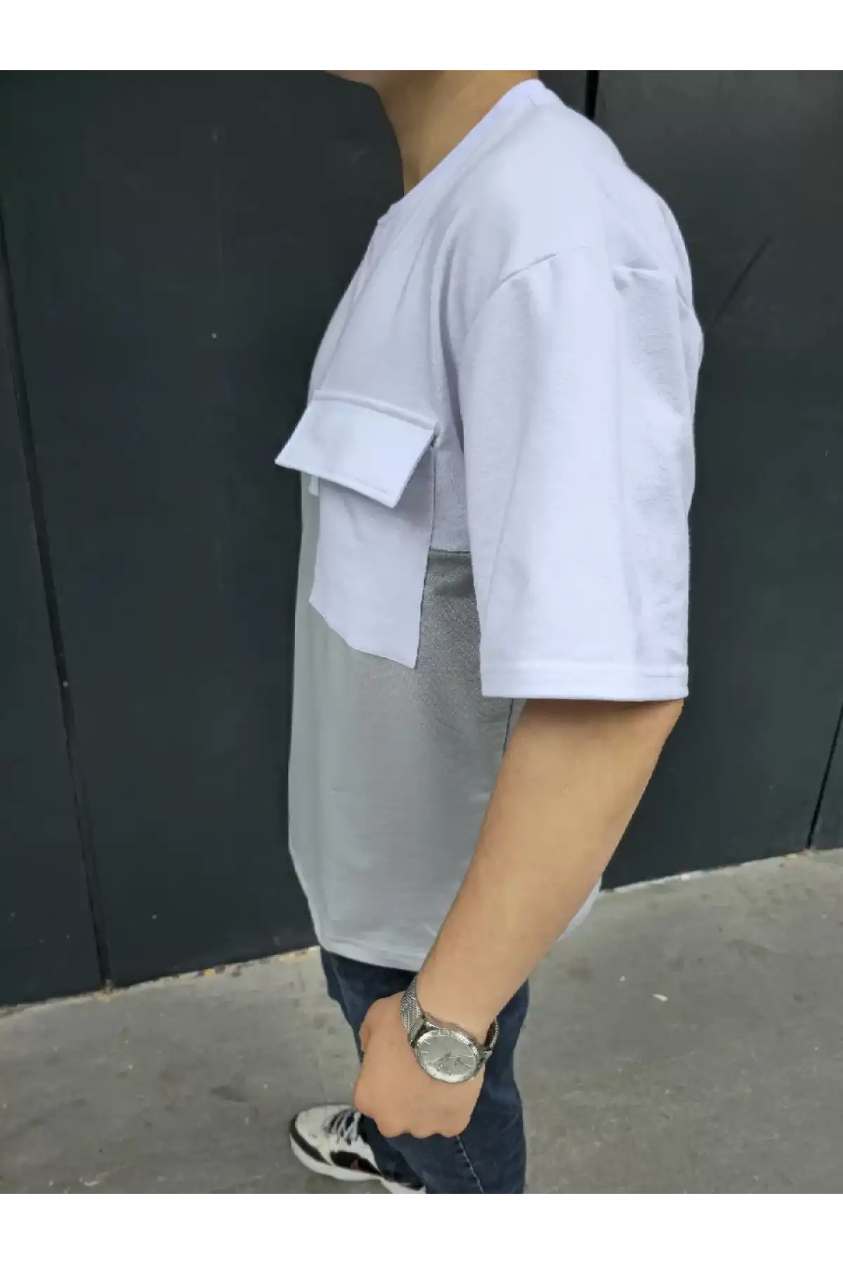 Unisex Torba Cep Detaylı Parçalı T-Shirt - Gri