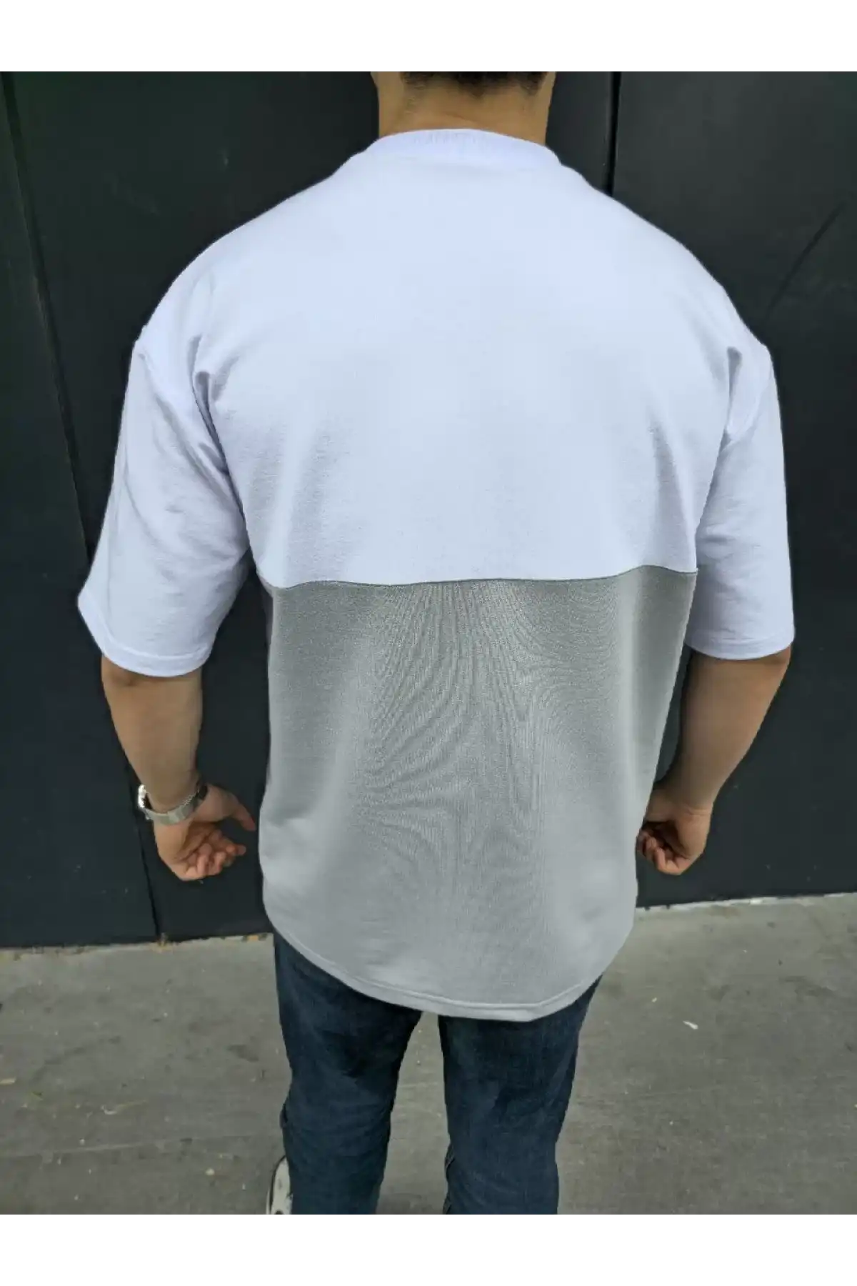 Unisex Torba Cep Detaylı Parçalı T-Shirt - Gri