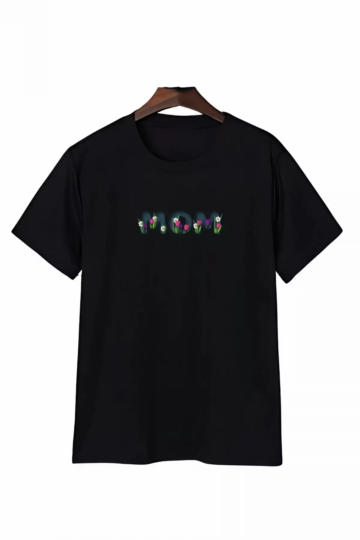 Anneler Gününe Özel Tasarım mom Çiçek Baskılı T-shirt - Siyah