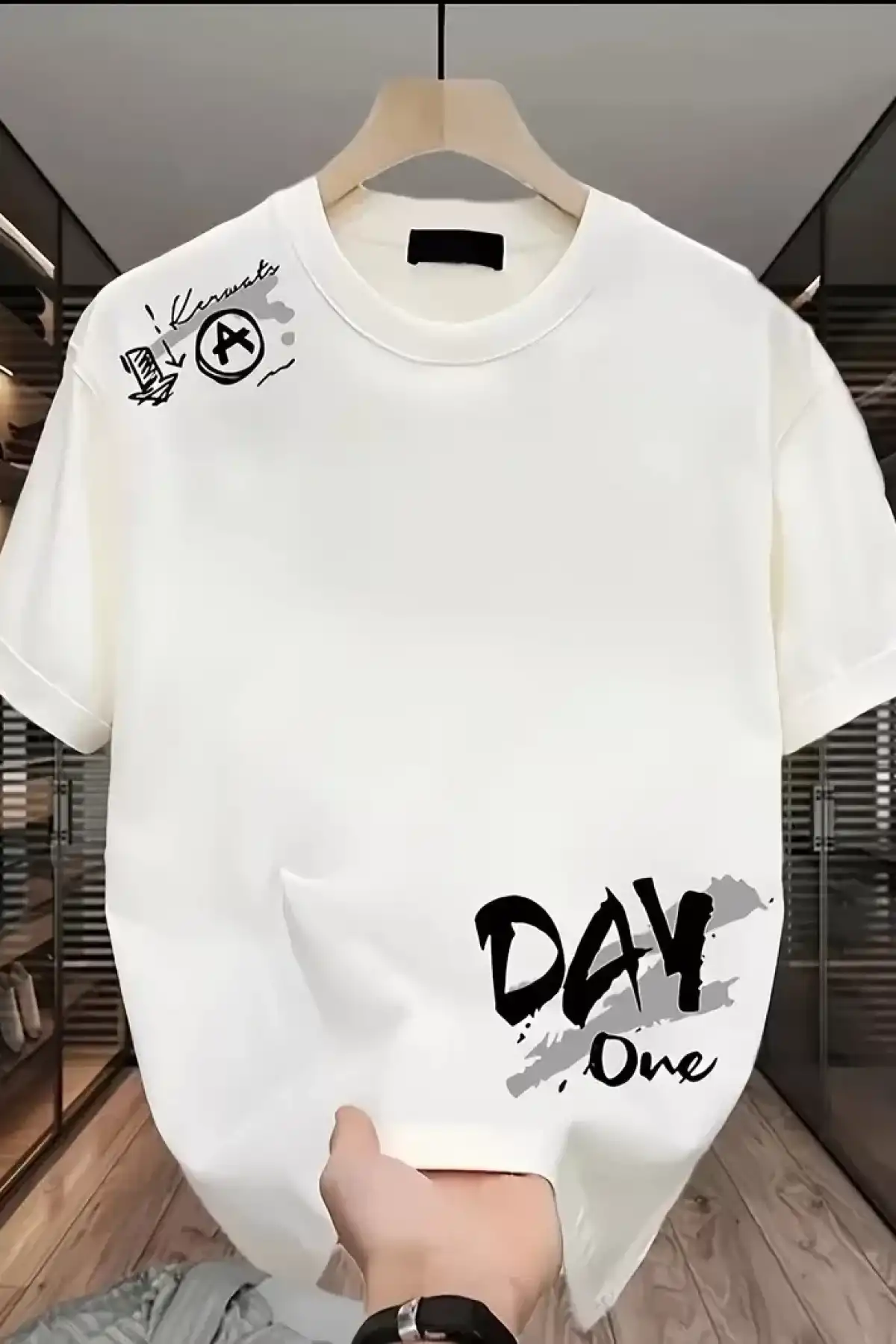 Day One Baskılı Oversize Bisiklet Yaka T-shirt - Beyaz