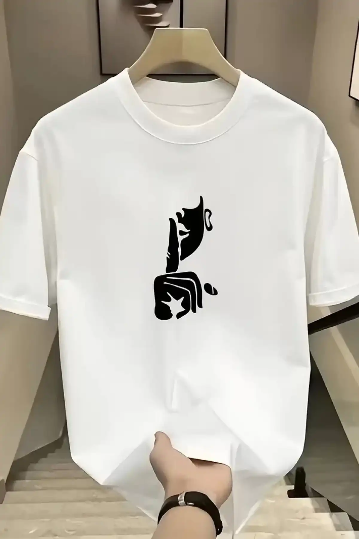 Rahat Bisiklet Yaka Tişört, Yaratıcı Karikatür Baskı - Yumuşak Polyester, Her Mevsim Giyilebilir- Beyaz