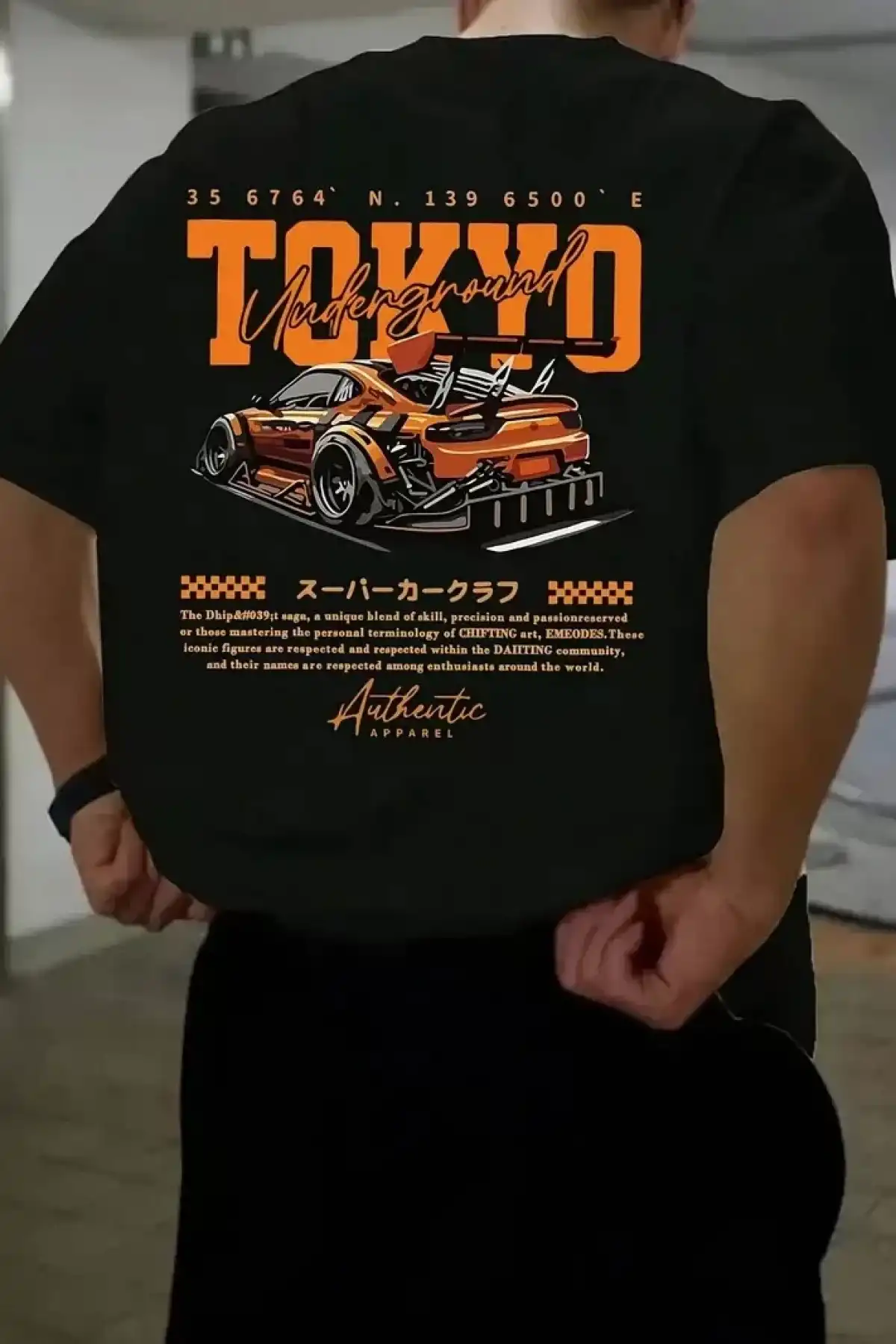 Erkek Turuncu Spor Araba Grafik Tişört - TOKYO Baskılı Günlük Oversize Kısa Kollu Tişört, Yetişkinler için Yazlık Giyim, Turuncu Araba Tasarımı- Siyah