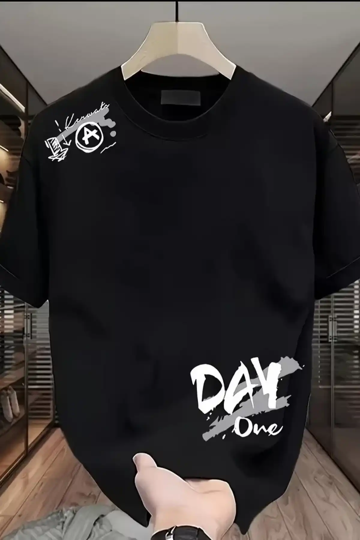 20/1 Penye Compack Day One Baskılı Oversize Bisiklet Yaka T-shirt - Siyah