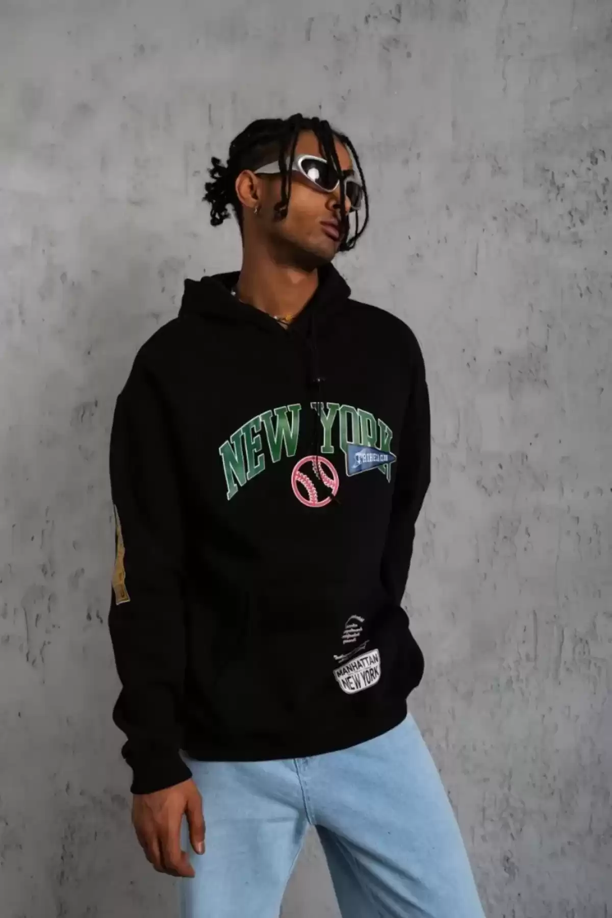 Erkek Baskılı Kapüşonlu Sweatshirt - Siyah