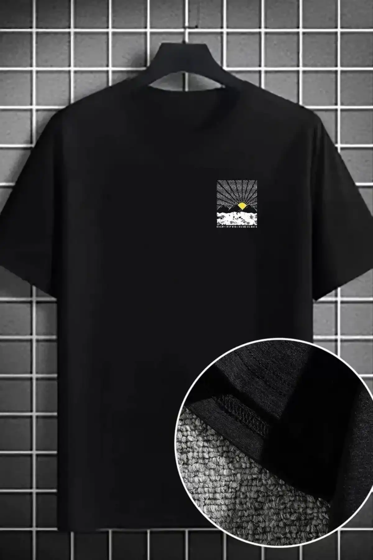 Erkek Dağ Grafikli Tişört, Yaz için Büyük Beden Rahat T-shirt - Siyah