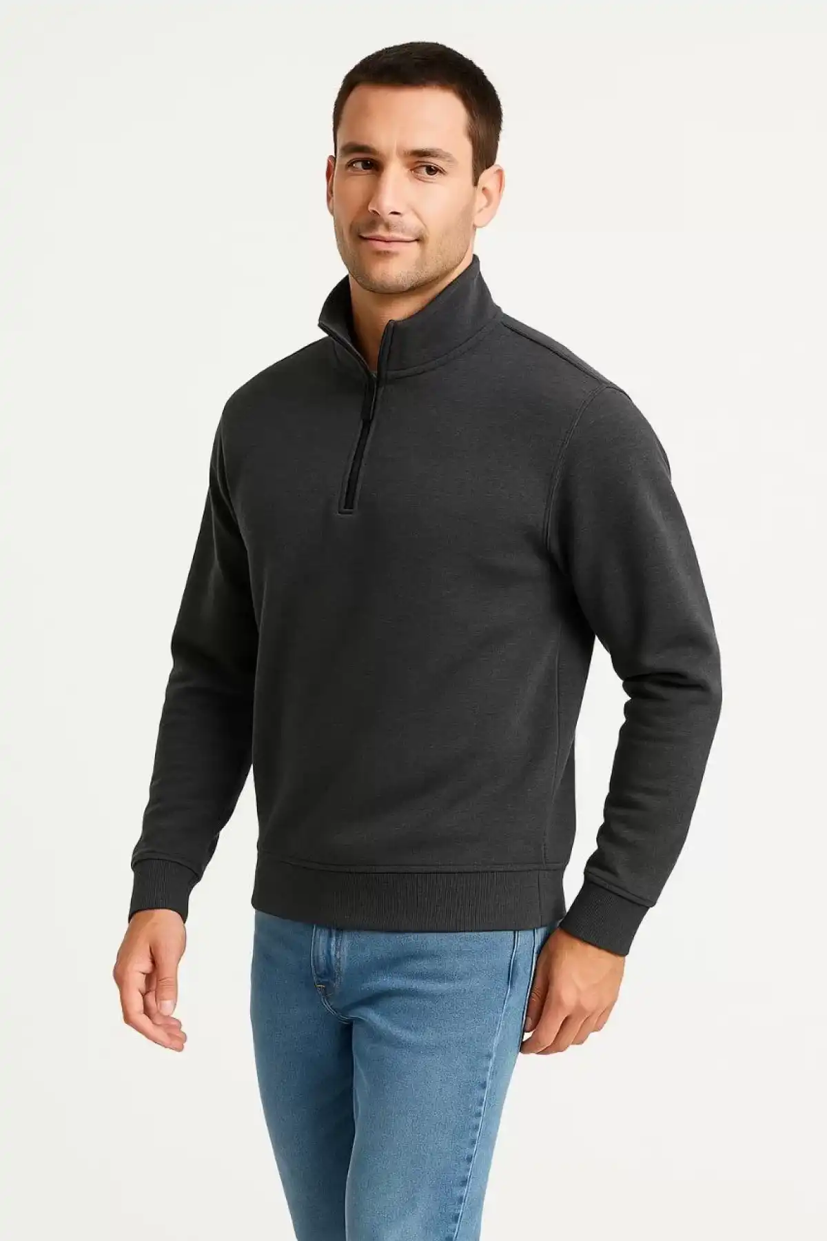 Erkek Dik Yaka Sweatshirt Dik Yaka Yarım Fermuarlı 3 İplik Şardonlu Pamuk Kumaş - Antrasit