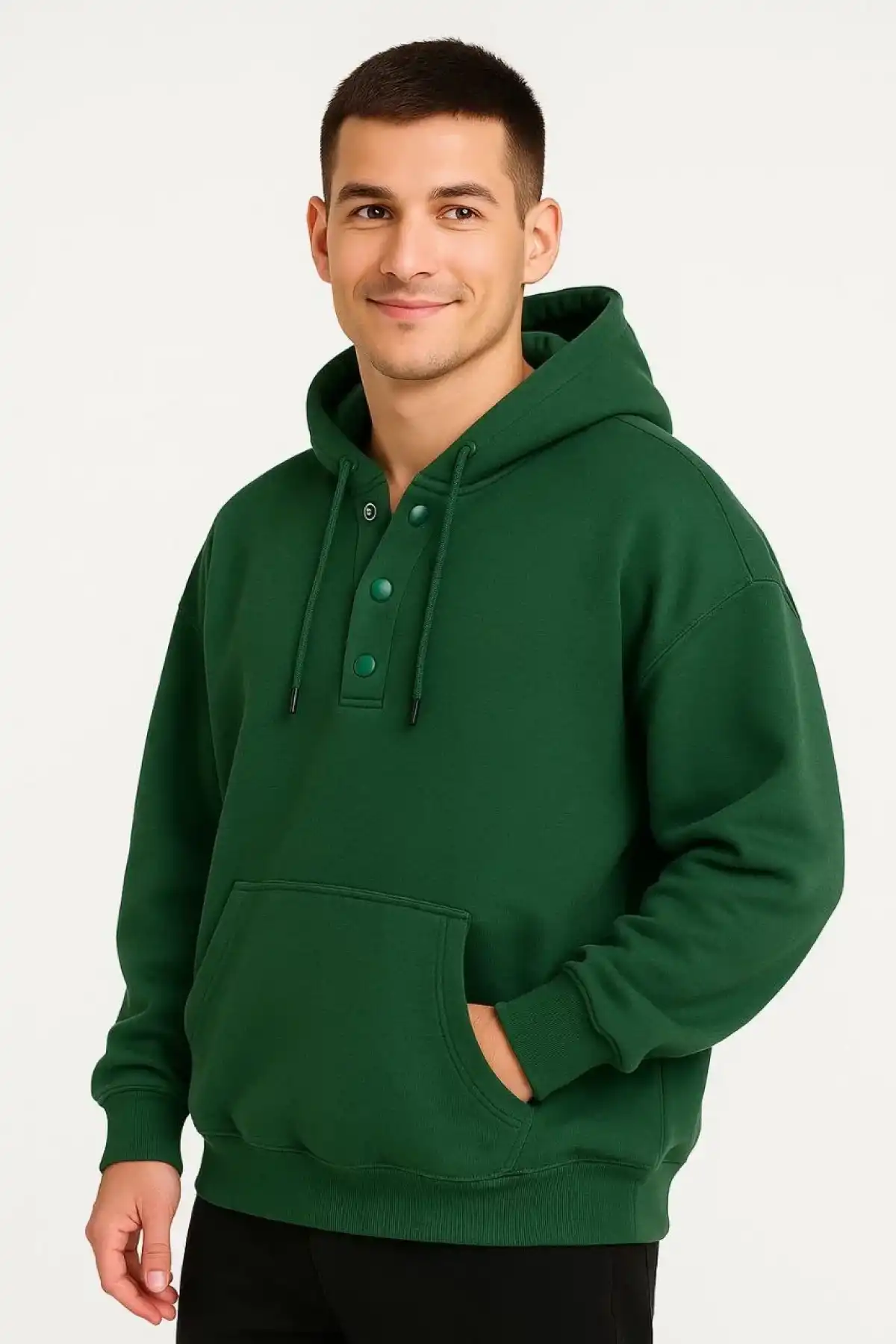 Erkek Ovarsize Kapüşonlu Swetshirt Kanguru Çepli Cıtcıtlı 3 iplik Şardonlu Hoodie - Haki