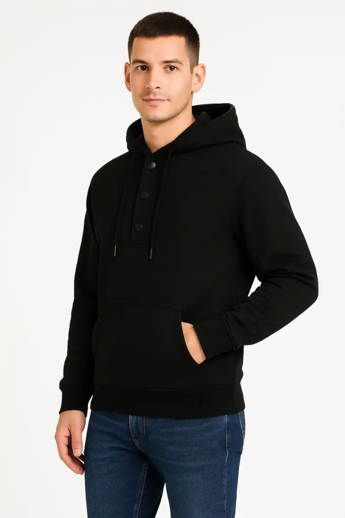 Erkek Ovarsize Kapüşonlu Swetshirt Kanguru Çepli Cıtcıtlı 3 iplik Şardonlu Hoodie - Siyah