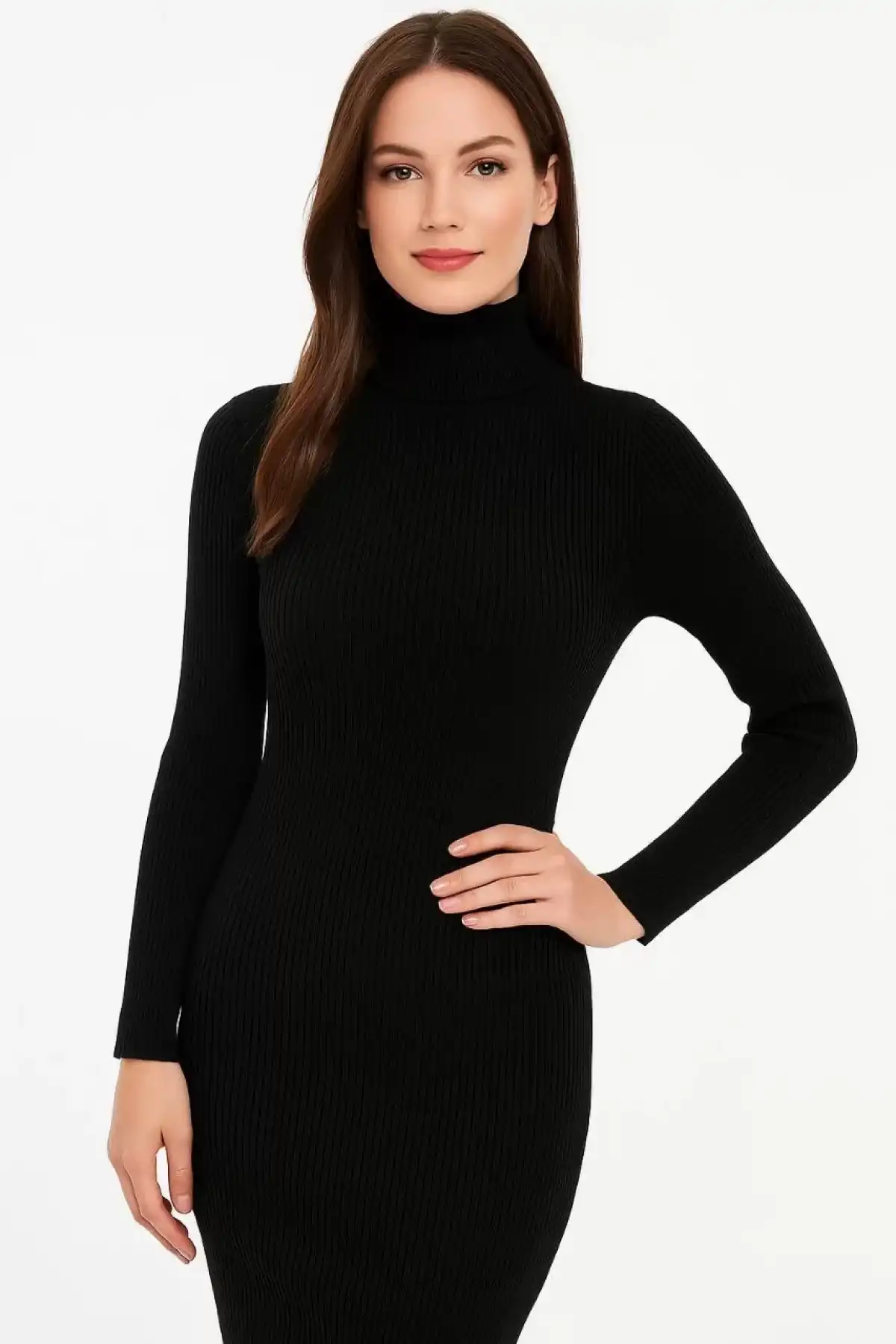 Kadın Boğazlı Triko Elbise – Uzun Fitilli Esnek Dokuma, Tam Kalıp, Kışlık & Baharlık Şık Rahat Stil, 130 cm Midi Boy Elbise - Siyah