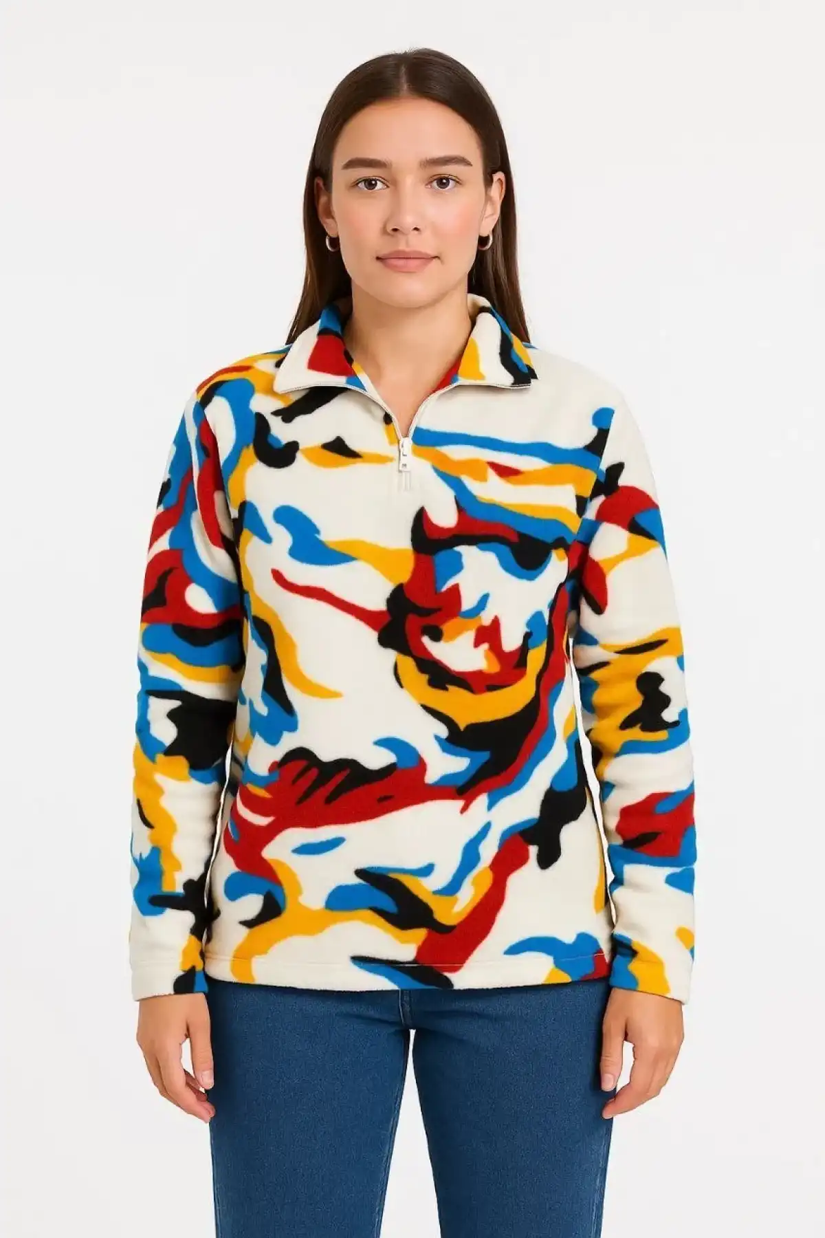 Kadın Yarım Fermuarlı Desenli Polar Sweat – Renkli Abstract Desen Yakalı, Uzun Kollu, Oversize Rahat Kalıp - Beyaz