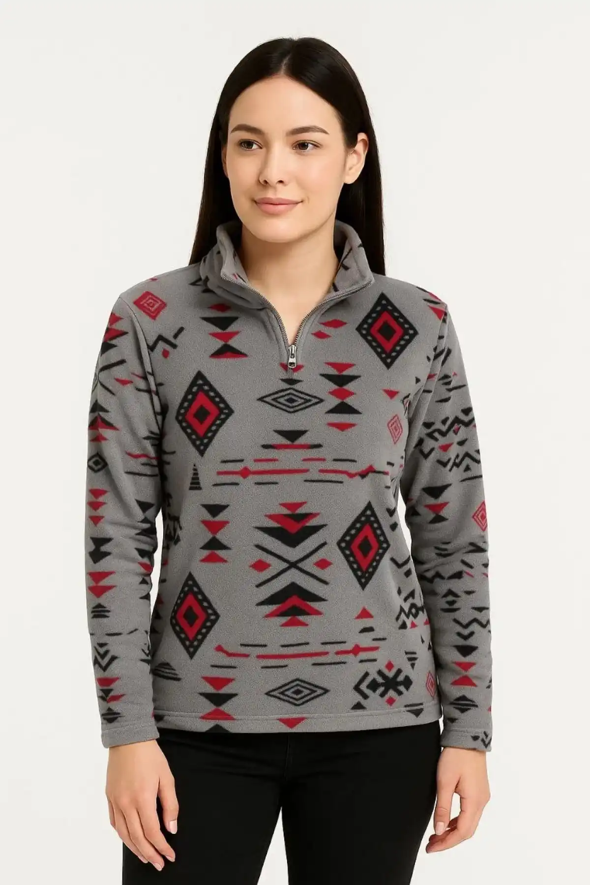 Kadın Yarım Fermuarlı Desenli Polar Sweat Tribal Etnik Desen Yakalı, Uzun Kollu, Oversize Rahat Kalıp - Füme