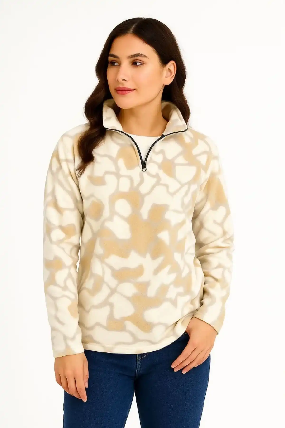 KADIN Yarım Fermuarlı Desenli Polar Sweat Yakalı, Uzun Kollu, Oversize Rahat Kalıp - Bej