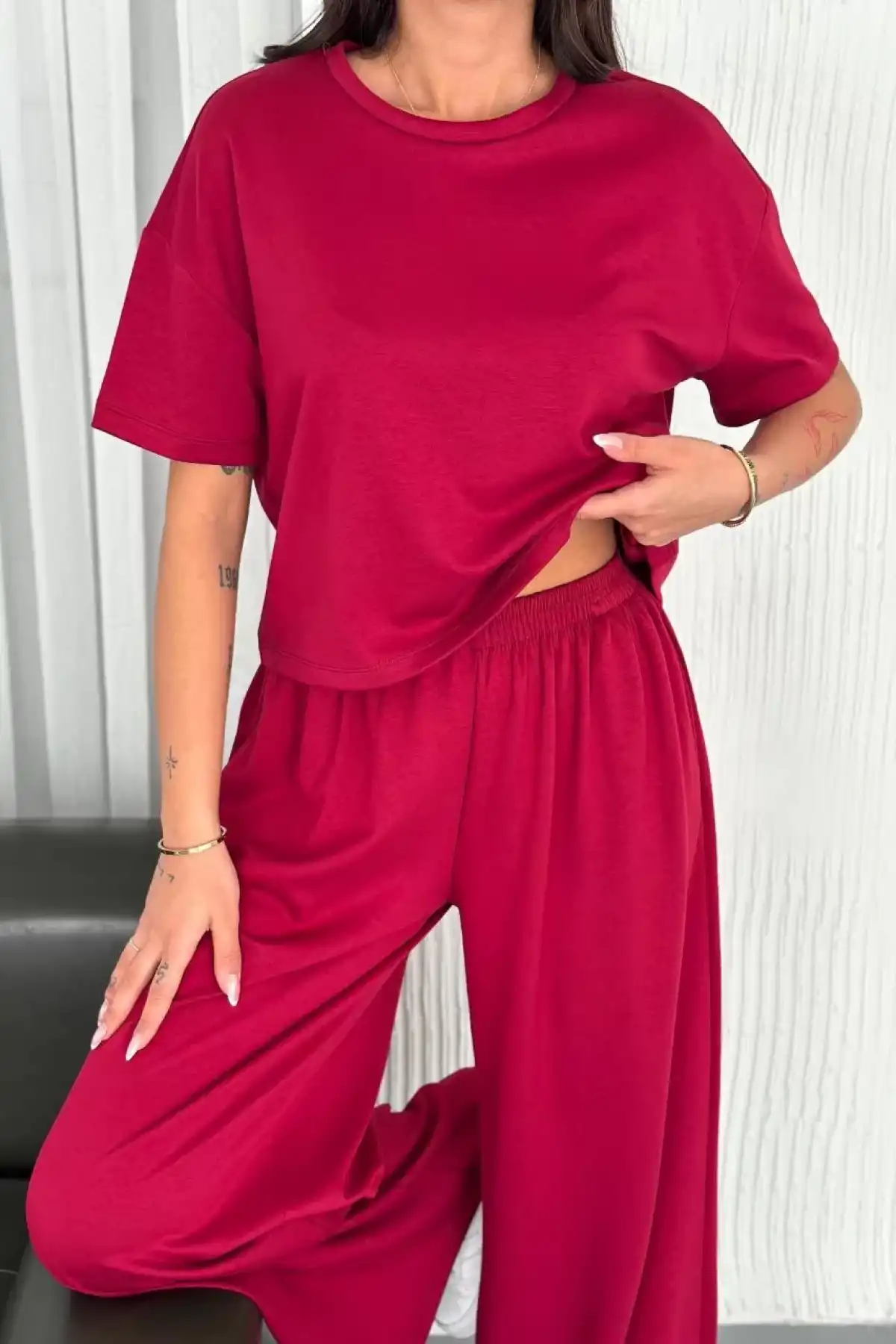 Osy Modal Yumuşak Dokulu Kumaş Bisiklet Yaka T-shirt Bol paça Pantalon ikili Takım -Bordo