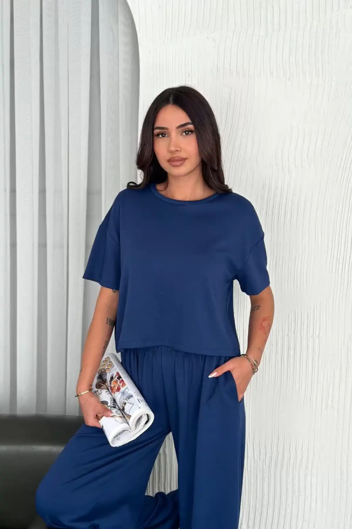 Osy Modal Yumuşak Dokulu Kumaş Bisiklet Yaka T-shirt Bol paça Pantalon ikili Takım -Saks Mavi