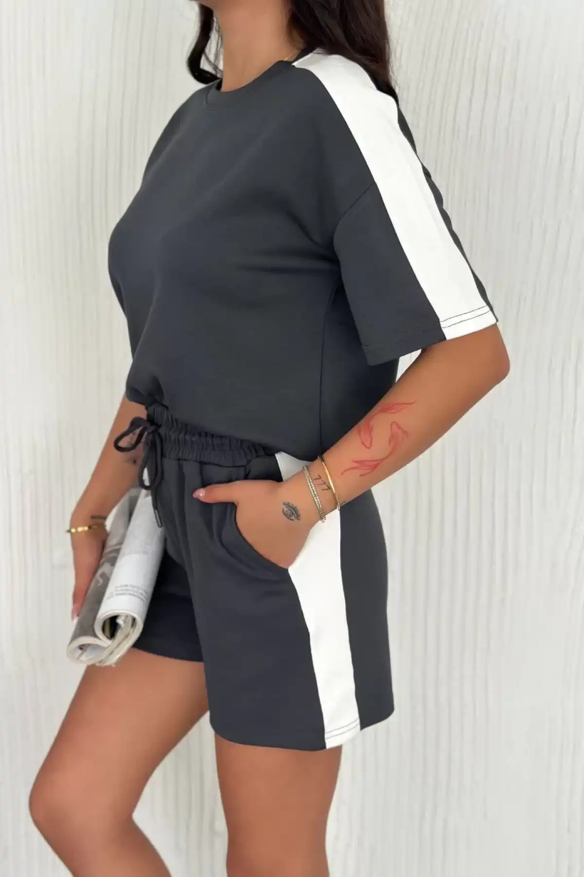 Osy Modal yumuşak dokulu Kumaş Kadın Parçalı Bisiklet Yaka T-shirt Kısa Şort İkili Takım - Antrasit