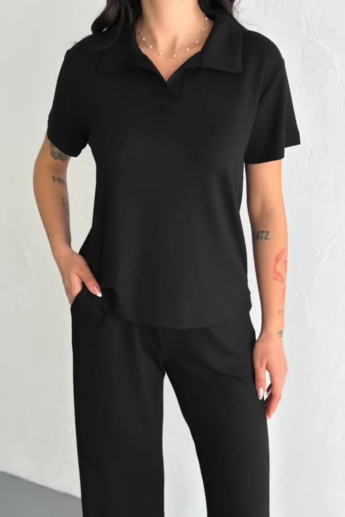 Osy Modal Yumuşak Dokulu Kumaş Kısa Kollu Yakalı T-shirt Pantalon ikili Takım- Siyah