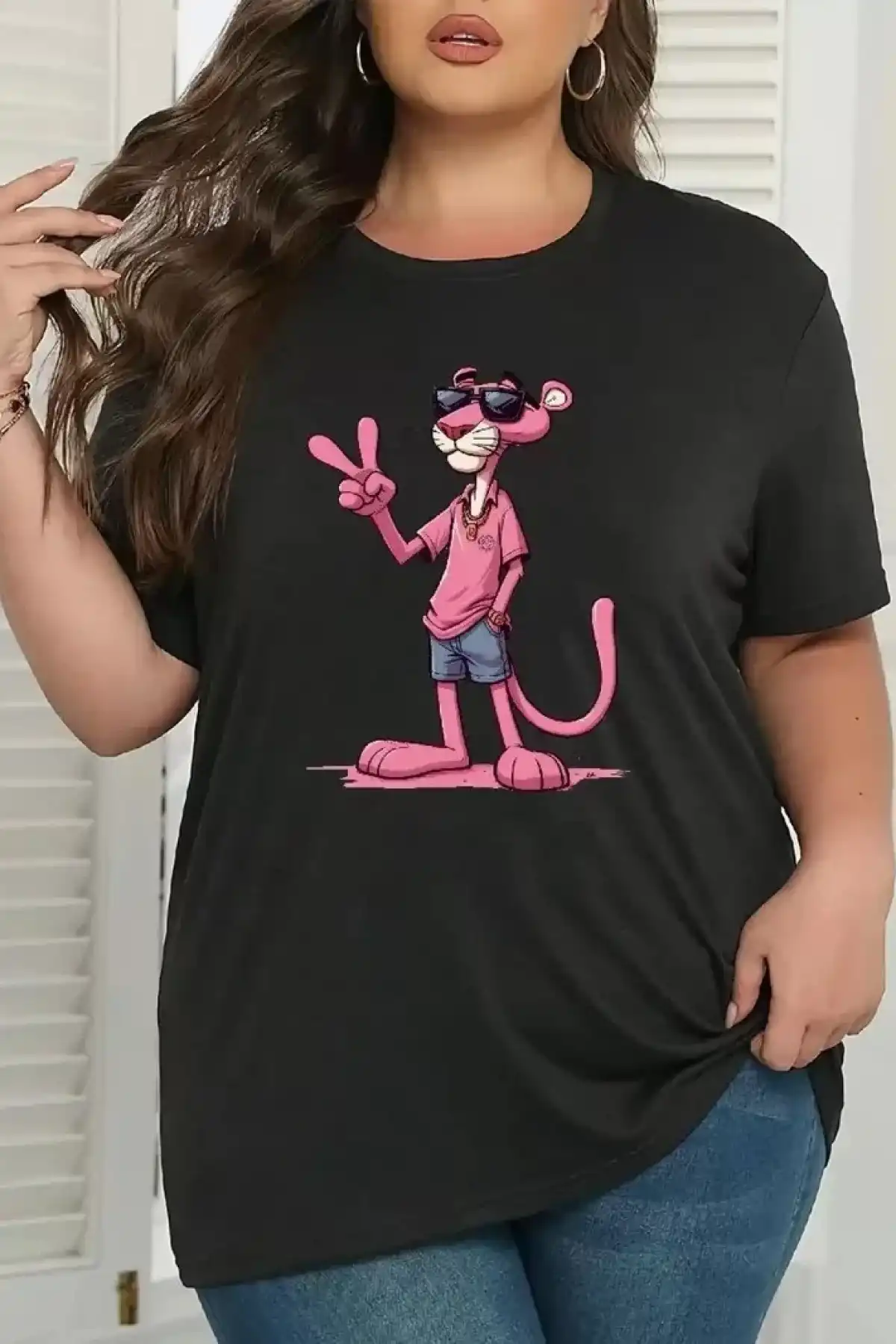 20/1 Penye Compack Pembe Panter Baskılı Oversize Bisiklet Yaka Kısa Kol Yazlık T-shirt - Beyaz