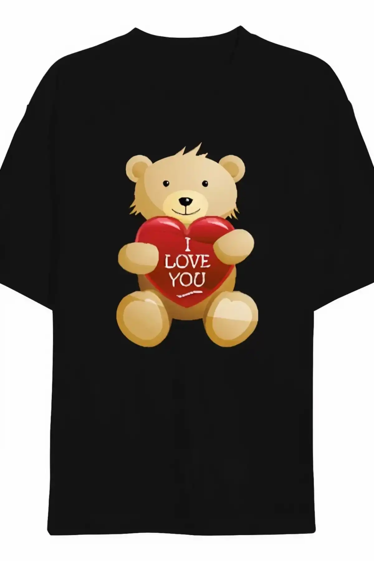 Sevgililer Günü İçin Özel Tasarım I Love You Ayı Baskılı T-shirt - Siyah